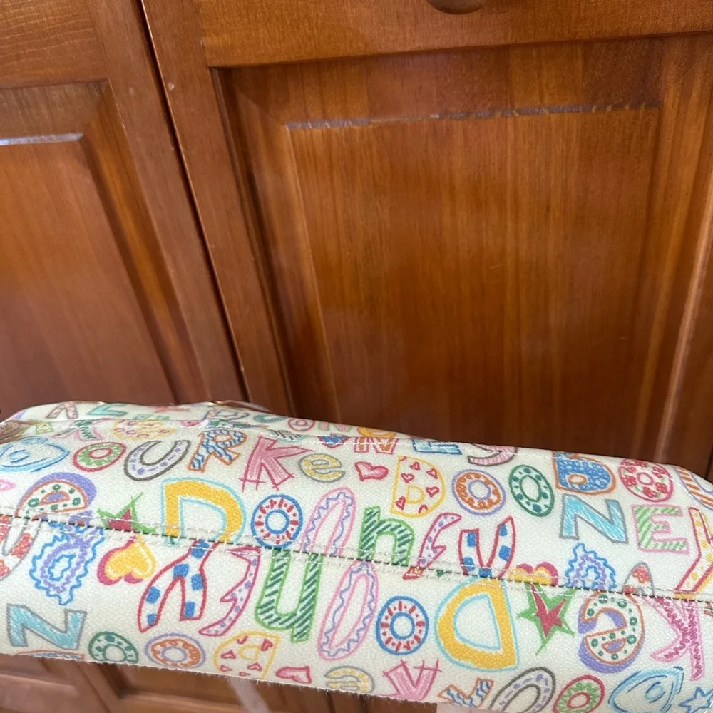 VTG Dooney & Bourke Multicolor Doodle Satchel with Tan Trim - Picture 8 of 10